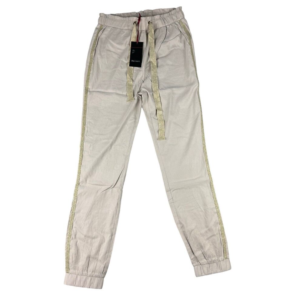 Baloot Jogger Pants Womens M Beige Gold Glitter Shimmer Side Stripe Track NWT
